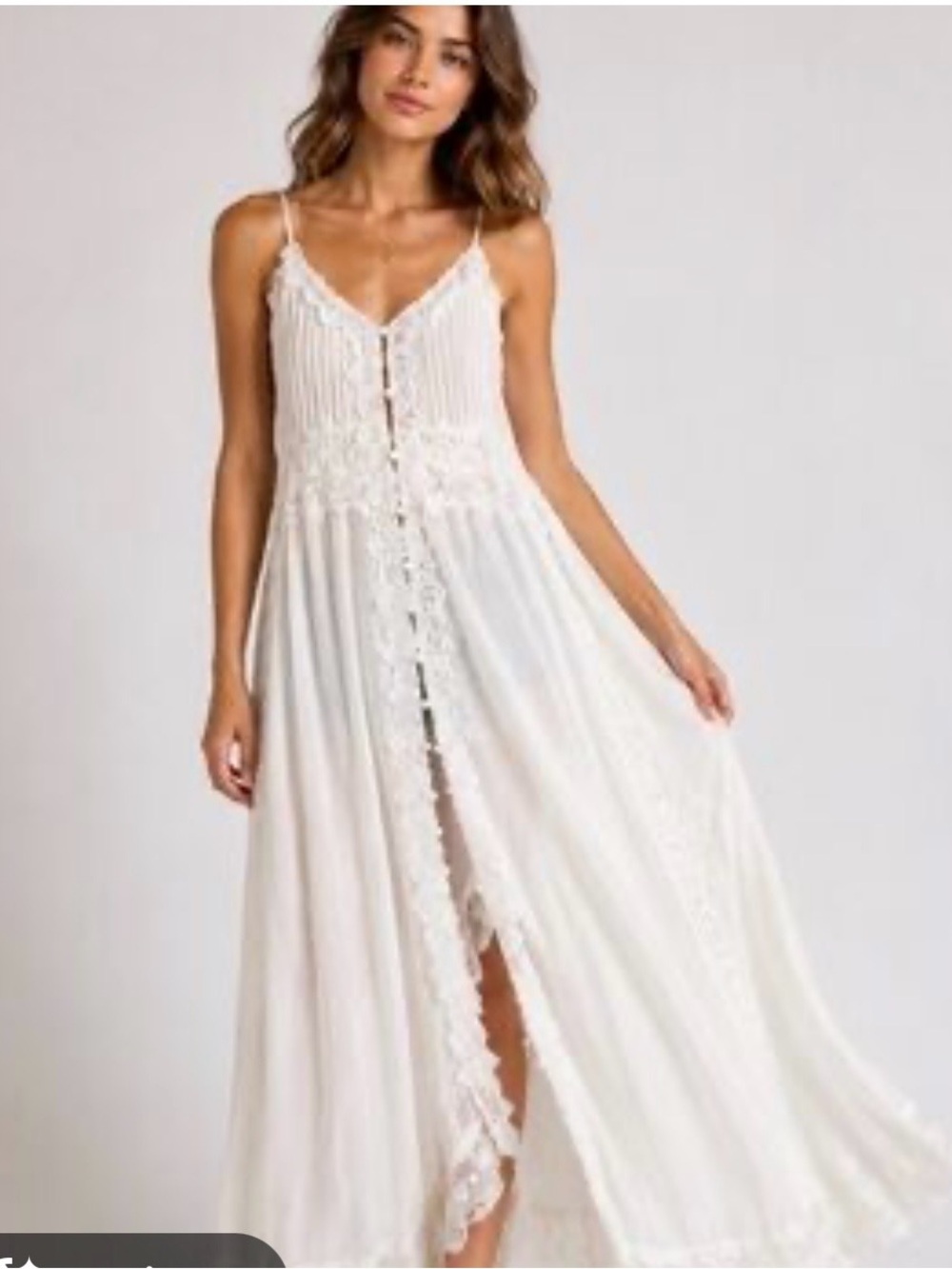 Boho White Lace-Trim Maxi Dress with Front Button Detail